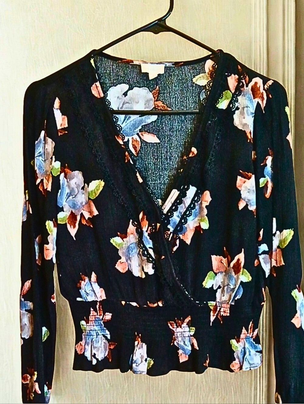 Hem & Thread Black Print Wrap Style Long Sleeve Ruffled Top